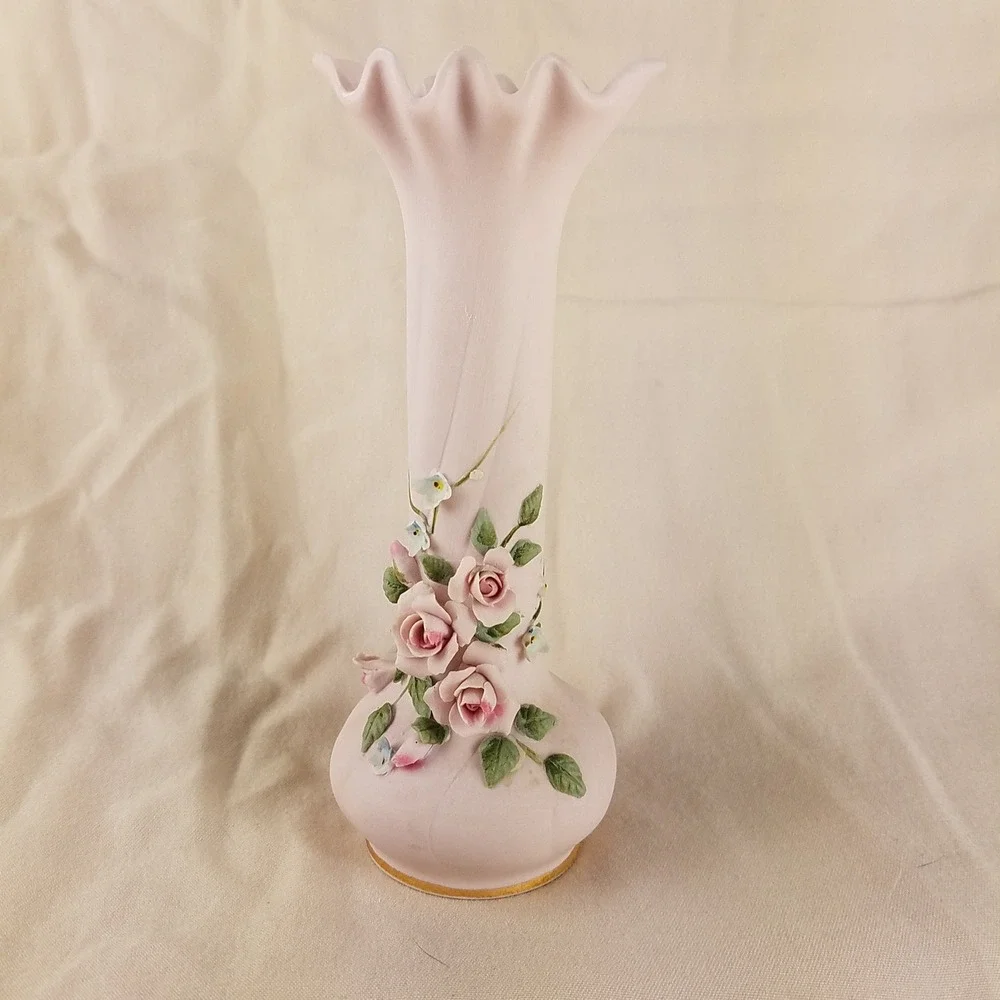 Lefton VNTG‎ Pink Vase applied flowers Japan bud 1040 green leaves matte pink